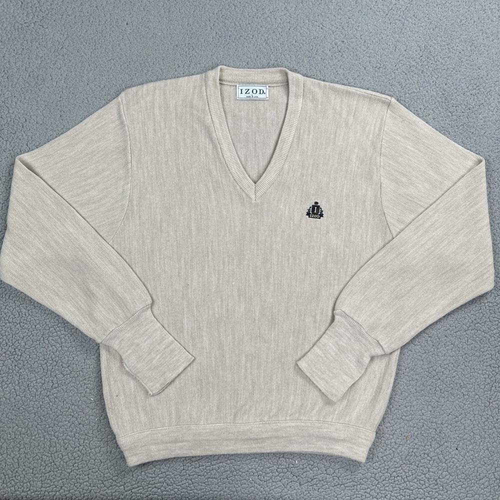 Vintage‎ Izod V-Neck Sweater Men Large Ivory Old Money Luxury Made in USA